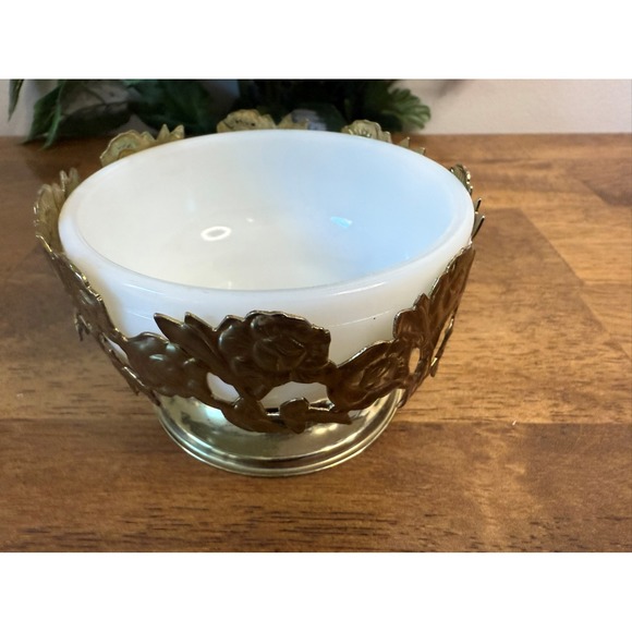 Vintage Milk Glass Bowl with Gold-Tone Floral Metal Overlay Pedestal Base Vanity - Picture 3 of 6